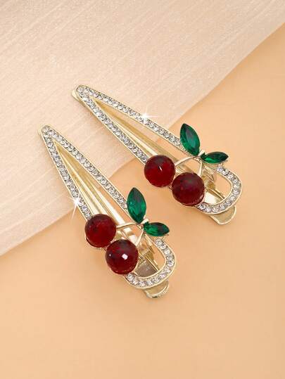 2 piezas/1 pieza Elegantes pasadores de cabello de mujer con cristales de cereza dorados, adecuados para uso diario casual, compras, fiestas, citas