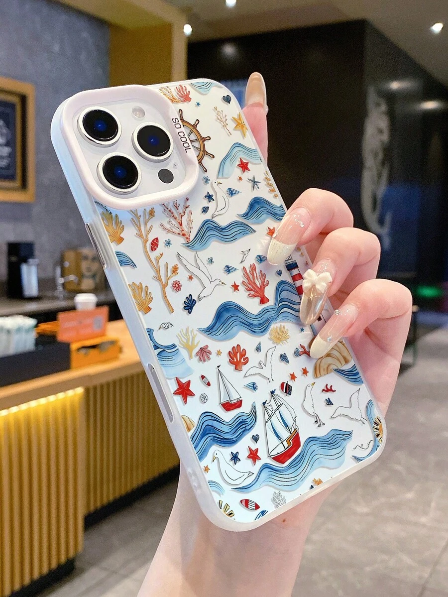 1pc Fashion Wave Boat Star Graphic Design With Independent Button IMD Shockproof Anti-Slip White Phone Case Compatible With IPhone 16 ProMax/16/16 Pro/16 Plus/15/15 ProMax/15 Pro/11/12/13/14 ProMax/11 Pro/11 ProMax/12 Pro/12 ProMax/13 Pro/13 ProMax/14 Pro/14 ProMax, Elegant Creative - Multicolor - View 1