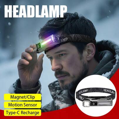 1pc Rechargeable LED Headlamp - Super Bright Infrared Sensor, Type-C Charging, 180° Adjustable, Strong Magnet Design, Suitable For Outdoor Camping, Running, Hiking, Night Fishing And Hunting