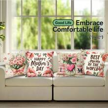 4pcs Mother's Day Pink Rose Cluster & Butterfly Pattern Single-Sided Print Throw Pillow Covers, Decorative Pillow Covers For Living Room Sofa Bedroom, Pillow Inserts Not Included - Multicolor - View 8