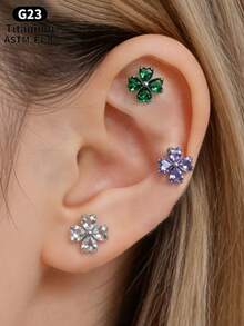 1PC ASTM F136 Titanium Internally Threaded Flat Back Earrings Heart CZ Four Petal Flower Cubic Zirconia Studs, G23 Titanium Tragus Cartilage Conch Helix Nose Labret Lip Piercing Jewelry For Sensitive Ears Women Men - 1Pc-titanium - View 5