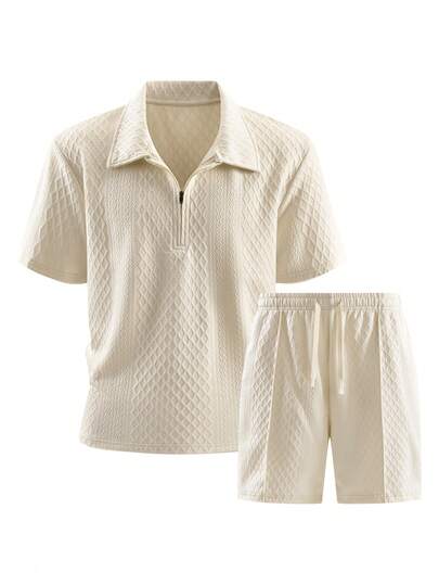2pcs/Set Men's White Short Sleeve Polo Shirt & Drawstring Shorts Set, Featuring Diamond Texture Zipper Polo Shirt And Elastic Waist Shorts, Breathable Jacquard Fabric, Beach Holiday Style, Ideal For Summer Outings