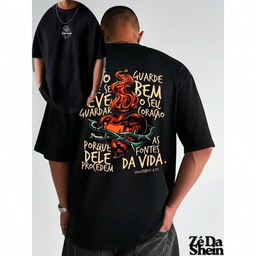 Streetwear Gospel T-Shirt, Religious Church, Prayer, Heart, Flames, Street, Urban Culture, Unisex, 100% Cotton, Top Premium Streetwear, Immediate Shipping, Various Colors!! - 黑色 - 查看 1