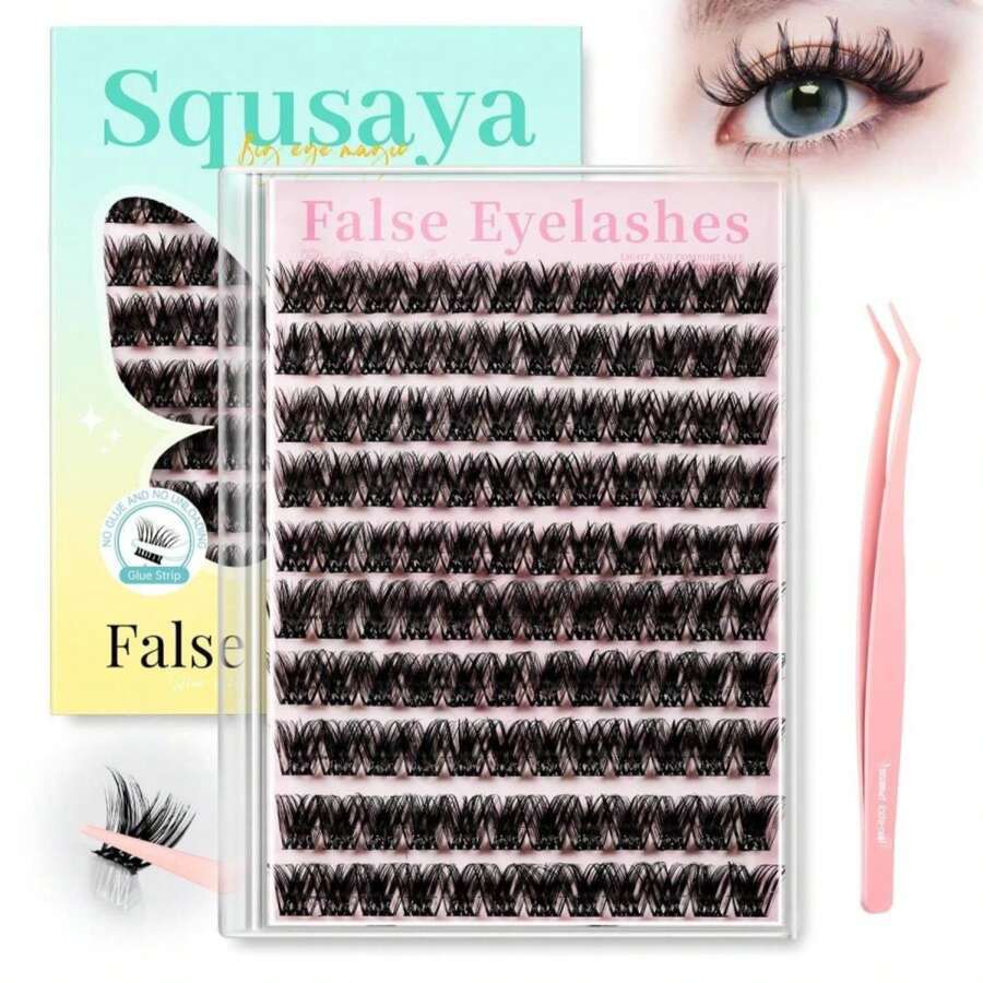 Squsaya Self Adhesive Eyelashes Natural Lash Clusters Kit Pre Glued Eyelash Clusters Wispy C-Curly No Glue Needed 120 Pcs Reusable Cluster Eyelash Extensions 14-16mm With Tweezers - BIG EYE MAGIC - ColorA - 查看 1