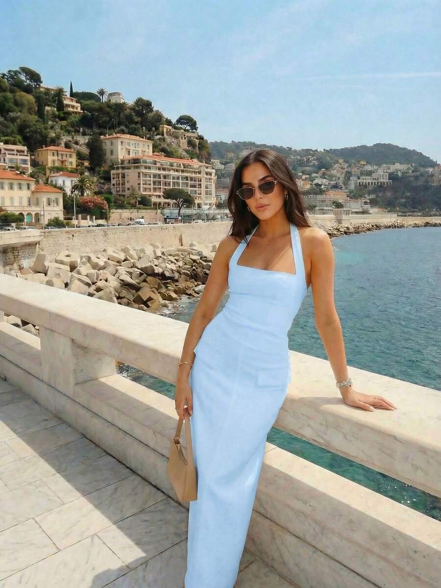French Elegant Casual Square Neck Backless Top & Straight Skirt Two Pieces Women Summer Set - Blue - View 1
