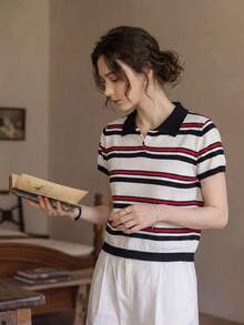 Knit Mix 女士优雅春夏休闲条纹翻领针织套头毛衣，适合日常、居家、通勤、办公穿着。 - 黑色 - 查看 4