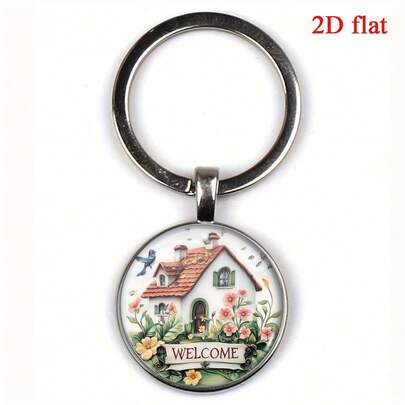 1 pieza Llavero con diseño de "Casa de Flores" con gema de tiempo, llavero de vidrio con diseño de Casa de Flores, colgante de llavero, adecuado como regalo para amigos y familiares, también se puede usar como opción de regalo para Halloween, Navidad, Acción de Gracias y otras festividades