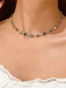 1pc Vintage Colorful Crystal Necklace, Fashionable Classical Elegant Luxurious Jewelry, Minimalist Versatile For Daily, Party And Event Wear - Multicolor - View 2