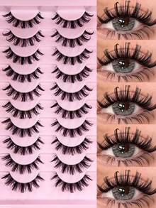 Hinarin 10对假睫毛，透明带，纤细人造貂毛假睫毛，蓬松浓密俄罗斯式假睫毛，3D立体卷翘假睫毛，自然尖头俄罗斯式假睫毛，交叉猫眼假睫毛，适合派对、日常及各种场合的化妆。 - 黑色 - 查看 2