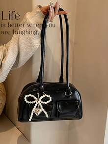 [US-Based Shipping]1pc Minimalist Retro Zipper Tote Bag, Black Patent Leather Pearl Bow Shoulder Bag For Women - Y2K Cute Mini Bowling Bag With Faux Pearl Bow Charm & Heart Pendant, Fashion Retro Handbag, Elegant Underarm Purse For Daily, Party, And Casual Outings,Decorated With Pockets, Dual Handles, Suitable For Women's Casual Commute, Streetwear And Japanese Style , Y2k - 黑色 - 查看 5