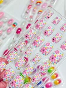 192pcs (8 Boxes) Children's Acrylic False Nails, One-Time Full Coverage With Glue Nails, Cute Spring/Summer Themes - Pineapple, Flower, Unicorn, Penguin, Flamingo, Rainbow, Heart, Short Children Adhesive Nail Set - Multicolor - View 4