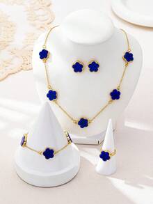 5pcs Elegant High-End Gold-Plated Blue Lucky Clover Shaped Necklace, Bracelet, Earrings, Ring Jewelry Set For Women - Blue - View 3