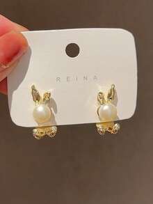 1 Pair Delicate Small Pearl & Cute Rabbit Reversible Earrings, Creative Elegant Earrings For Daily Wear, Perfect Jewelry For Easter (No Card) - Multicolor - View 4