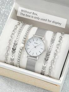 SOKI 女士手表套装，时尚休闲圆形表盘石英表搭配简约链式表带，适合日常佩戴、生日礼物、返校季礼物、感恩节礼物、情侣装（不含表盒） - 銀色 - 查看 6