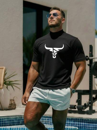 男士休闲高领短袖T恤，印有牛头图案，居家和户外活动的舒适之选