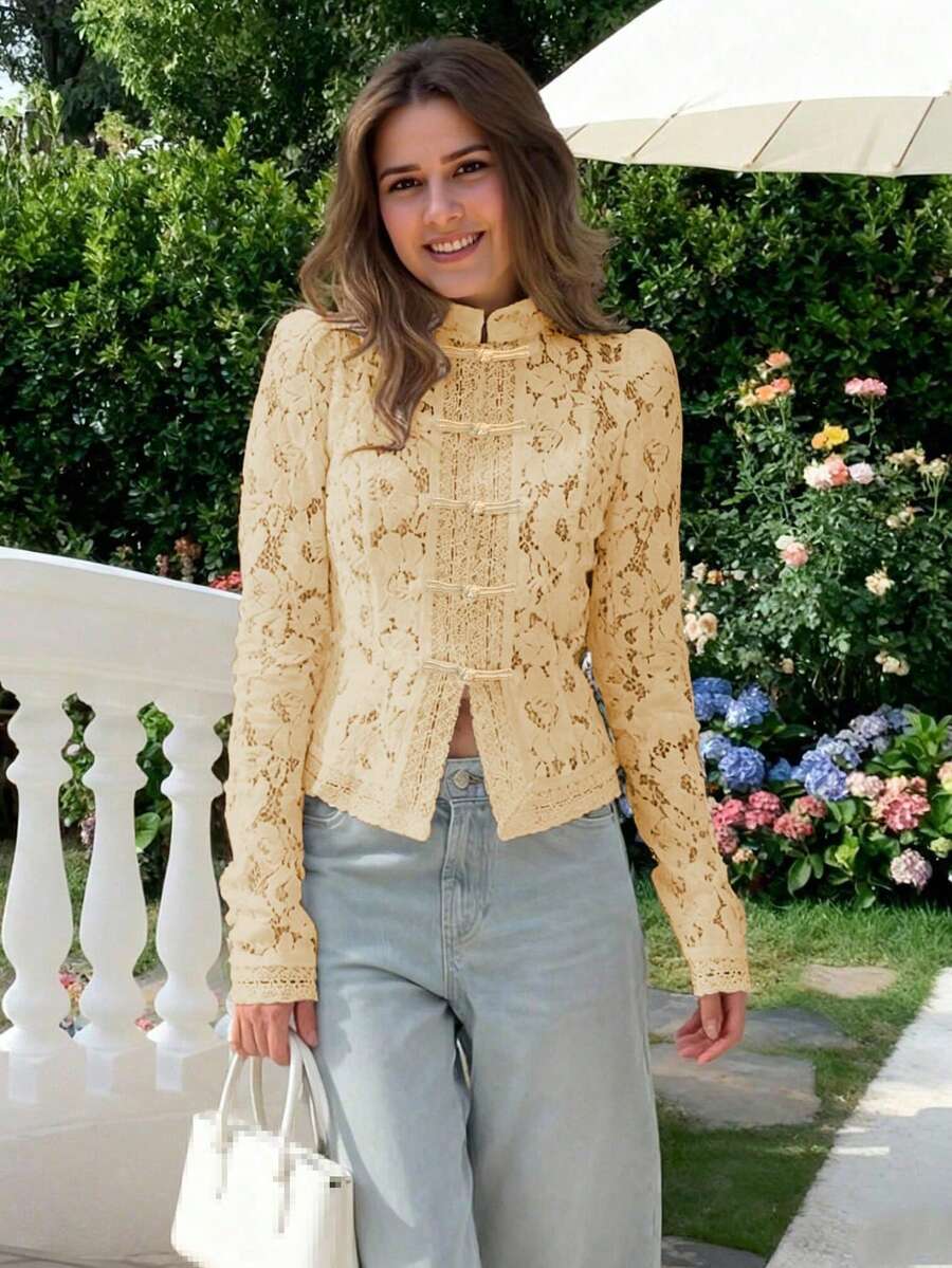 Spring/Autumn Women's Elegant White Floral Lace Blouse With Stand Collar, Fitted Design, Puff Sleeves, Lace Hollow-Out Button Details, Graceful Layering Top - Apricot - View 1