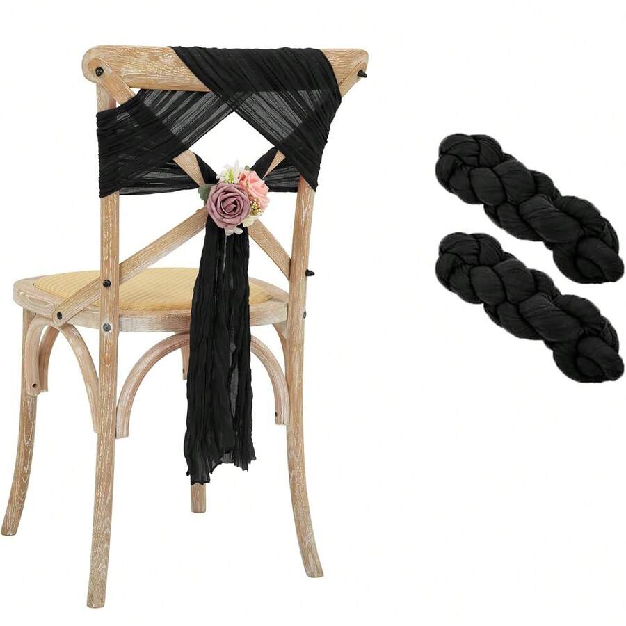 2 Peças Conjunto de Fitas para Encosto de Cadeira de Casamento em Formato de Laço, Adequado para Eventos de Casamento, Festa e Decoração de Capa de Cadeira de Banquete - Preto - Visão 1