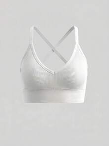女士无缝针织罗纹性感无钢圈文胸，交叉肩带露背运动文胸 - 白色 - 查看 10