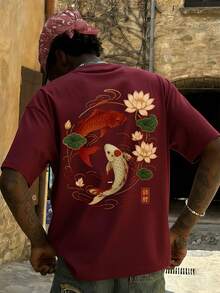 Fractyr 男士夏季时尚简约街头鲤鱼元素印花圆领短袖T恤 | 百搭街头休闲T恤，男友/老公礼物 - 酒紅色 - 查看 2