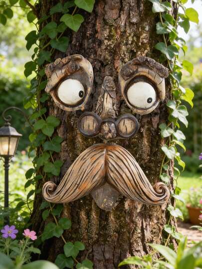 Funny Tree Face Garden Ornament - Rustic Wooden-Style Resin Decor With Big Googly Eyes & Curly Mustache, Ideal For Attaching To Tree Trunks In Gardens, Patios & Backyards. Adds Whimsical Playful Vibes, A Popular Outdoor Yard Art For Plant Lovers.