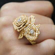 1枚奢华双玫瑰花黄色几何戒指，合成立方氧化锆首饰，女士礼品 - 黃色 - 查看 6