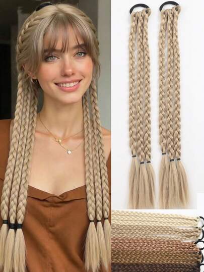 2件装 Y2K 风格女士合成三股编织马尾假发 - 弹性发带 - 适合日常佩戴和节日配饰（发色：自然黑、浅棕、深棕、棕褐色、铂金色、混合金色）
