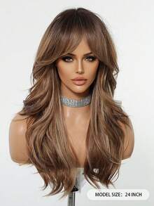 Perruque ondulée de 22 pouces de long avec frange sur le côté, racines foncées, perruque brune pour femmes avec ombré brun et blond. Perruque synthétique résistante à la chaleur pour usage quotidien, fête et cosplay - Brun ombré - Voir 6