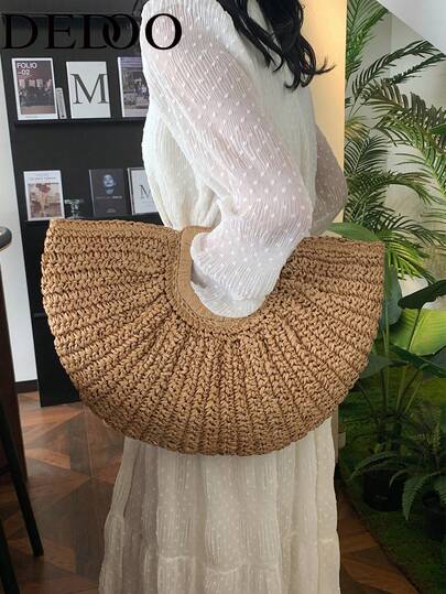 Dedoo Simple Hand-Woven Bag Semi-Circular Hand-Woven Handbag Seaside Holiday Commuter Tote Bag Joker Beach Bag