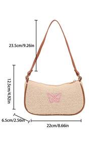 Summer Classic Straw Underarm Bag, New Casual Commute One Shoulder Crossbody Square Bag With Bow Embroidery Woven Design For Women - Beige - View 4