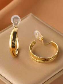 1 Pair Fashionable New Round Circle Iron Earrings For Women, Clip-On Earrings With Double Circles, Slimming & Elegant, Suitable For Daily Wear, Holiday Gift - Ear Clip - View 3