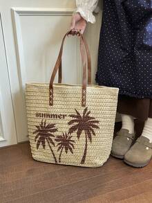 Summer Straw Tote Bag, Coconut Tree Pattern Women's Shoulder Handbag, Zipper Closure, Suitable For Beach & Holiday - Beige - View 3