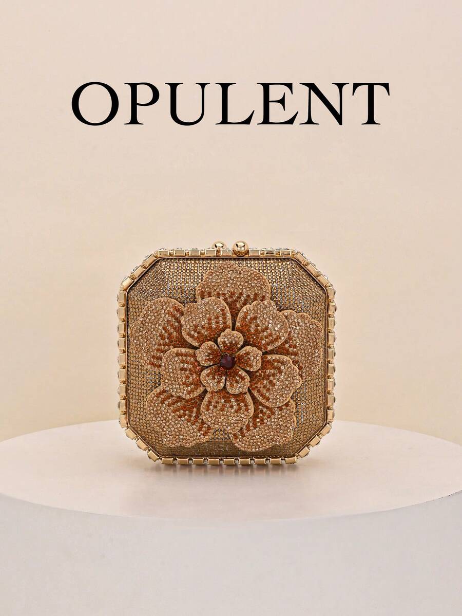 1个迷你女士奢华水钻盒形手拿包、手提包、单肩包，时尚、奢华、镶钻、钻石花卉图案，闪亮、优雅、简约，适合派对、舞会、夜店、约会、生日、晚宴、约会之夜、宴会等场合。 - 金色 - 查看 1