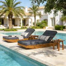 Sillón Reclinable de Madera de Acacia en Forma de Barco con 3 Posiciones de Reclinación - Acabado en Teca, Tumbona para Patio Exterior, Jardín, Piscina - Capacidad de 300 libras - GRIS OSCURO + Teca + Madera de Acacia + Tela + Espuma - Ver 3