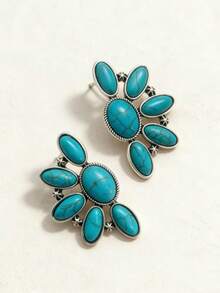 1 Pair Retro Bohemian Style Flower Design Faux Turquoise Stud Earrings, Jewelry Gift Suitable For Women's Party And Travel Wear - Antique Silver - View 5