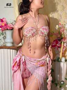 Glossmoon Pink Beads Festival Top Body Chain Chest Chain Body Chain Bikini Jewelry Beachwear Music Festival Nightclub Outfit - 粉紅色上衣 - 查看 2