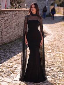 Faeriesty 优雅高领亮片晚礼服：长袖透视披肩连衣裙，全身刺绣串珠细节，美人鱼廓形，拖尾飘逸——是婚礼摄影、教堂仪式、正式晚宴、红毯派对的理想之选，春季黑色 - 黑色 - 查看 4