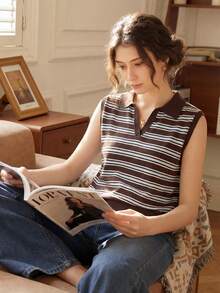 Knit Mix 女士优雅条纹翻领无袖针织套头毛衣，适合春夏休闲、日常、通勤、办公穿着 - 黑色 - 查看 1