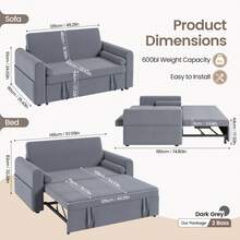 Jooli H 2 Seater Sofa Bed, 3-In-1 Convertible Pull Out Sleeper Sofa With 3-Position Adjustable Backrest, Side Pockets For Living Room, Guest Room, Dark Grey - Dark Gray - Two-seater - View 2