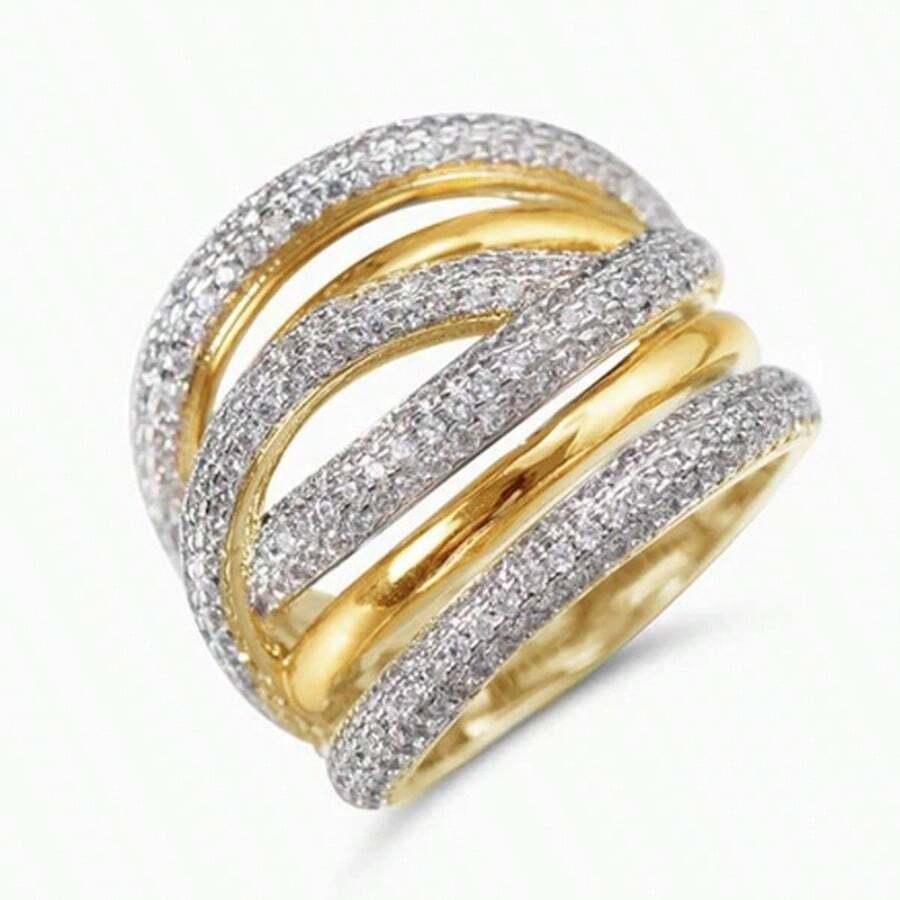 时尚宫廷风线条组合设计戒指，镂空镀金锆石美学珠宝礼品 - 金色 - 查看 1