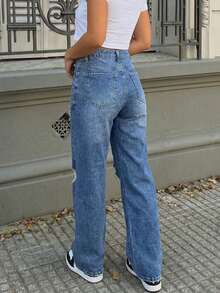 Women's Boyfriend Ripped Loose Straight Jeans - Medium Wash - View 2