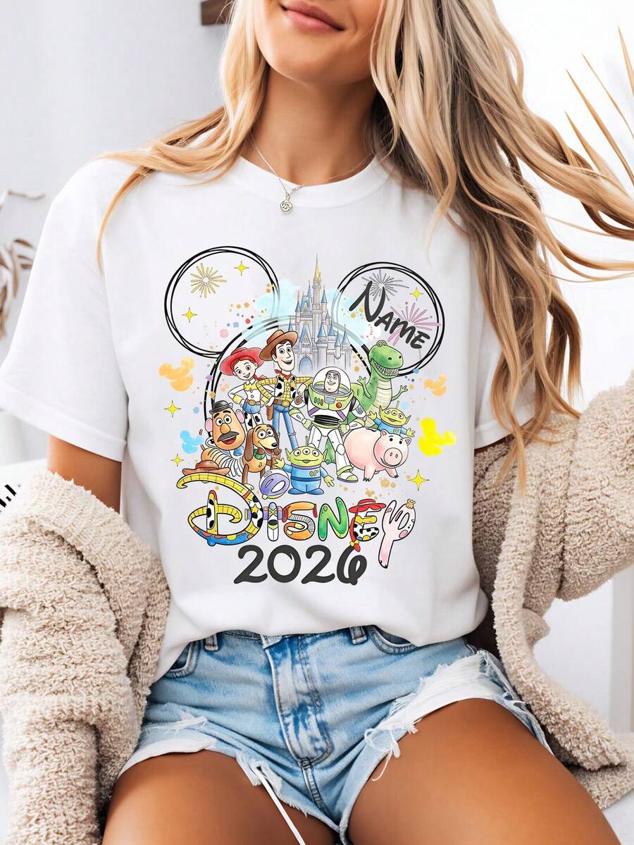 Disney-Style Women's Printed T-Shirt Featuring A Cartoon Print Of Toy Story Characters Beneath Mickey Mouse's Head. This Round-Neck Summer Top Is Crafted From Soft, Comfortable 100% Cotton Fabric, Perfect For Everyday Wear, Outdoor Activities, Or Shopping. It Also Makes An Ideal Choice For Women's Vacation Attire. - White - View 1