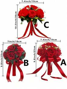 一套伴娘捧花 - 绿叶玫瑰蝴蝶结 - 婚礼抛捧花 - 浪漫伴娘拍照手捧花 - 户外婚礼新娘捧花，玫瑰花束可用作求婚和告白道具 - 适合豪华成人仪式和婚礼舞会 - 紅色 - 查看 11