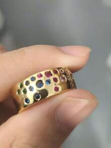 Luxury Wide Band Copper Alloy Multi-Color Synthetic Cubic Zirconia Ring, Women's Engagement Wedding Band, Everyday Matching Ring - Multicolor - View 8