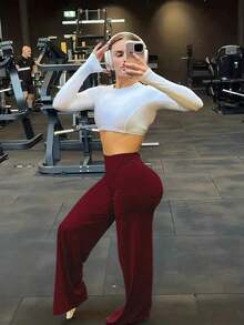 This Solid Color Yoga Wide-Leg Pants Are Comfortable And Slimming, Suitable For Running, Fitness, And Various Yoga Activities. - 酒紅色 - 查看 10