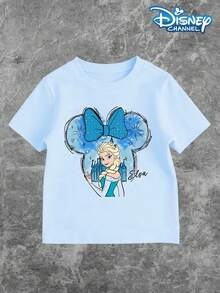 Disney Princess Top, Children's T-Shirt, Girls' Round Neck T-Shirt, Frozen Mouse Bow Print, Sweet And Fun Style, Spring And Summer, Home Leisure Amusement Park Check In, Girls' Round Neck Short Sleeve Top - 淺藍色 - 查看 2
