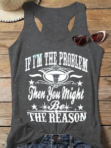 Women's Casual Sleeveless Round Neck T-Shirt With Funny Graphic Print Cotton Blend Tank Top - 灰色 - 查看 1