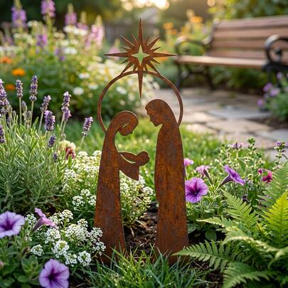 1pc Vintage Metal Garden Decor Sculpture, Nativity Scene Decoration, Religious Christmas Garden Art, Nativity Garden Statue, Religious Gift