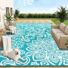 Pauwer Outdoor Rug Waterproof, Reversible Plastic Straw Rug RV Camping Rug, Indoor Outdoor Patio Mat, Outside Carpet For Porch,Deck,Camper,Balcony,Backyard,Picnic - Hoa/Xanh lam - Xem 11