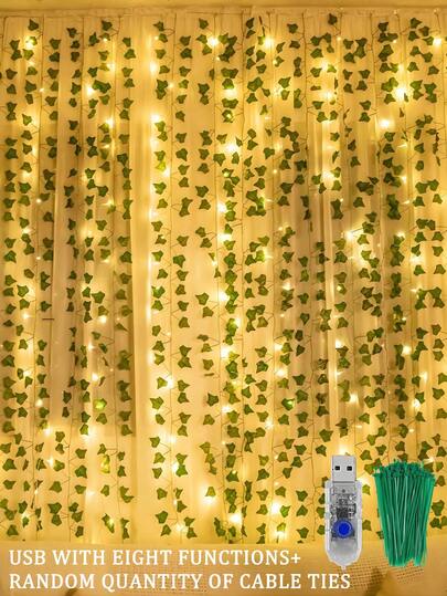 1pc 20/50/100 USB Powered Copper Wire Curtain Lights, Copper Wire Fairy Lights, 3x2M Ivy Curtain Lights, Spring Decor, Wedding Decor Lights, 8 Lighting Modes, With Fixed Ties, LED Artificial Ivy Garland Curtain Lights, Hanging Fake Vine Lamp Decor, Suitable For Home Bedroom, DIY, Party, New Year, Daily Decor, Wedding Wall Decor, Room Decor, Home Decor, Room Decoration Supplies, Graduation, Decoration, Decorations, Home Decor Items