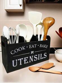 Organizador de utensilios de madera con 3 compartimentos, estante de almacenamiento multifuncional para encimera de cocina, puede contener cucharas, tenedores, cuchillos y otras herramientas de cocina, soporte de cubiertos de madera maciza negra - Multicolor - Ver 4